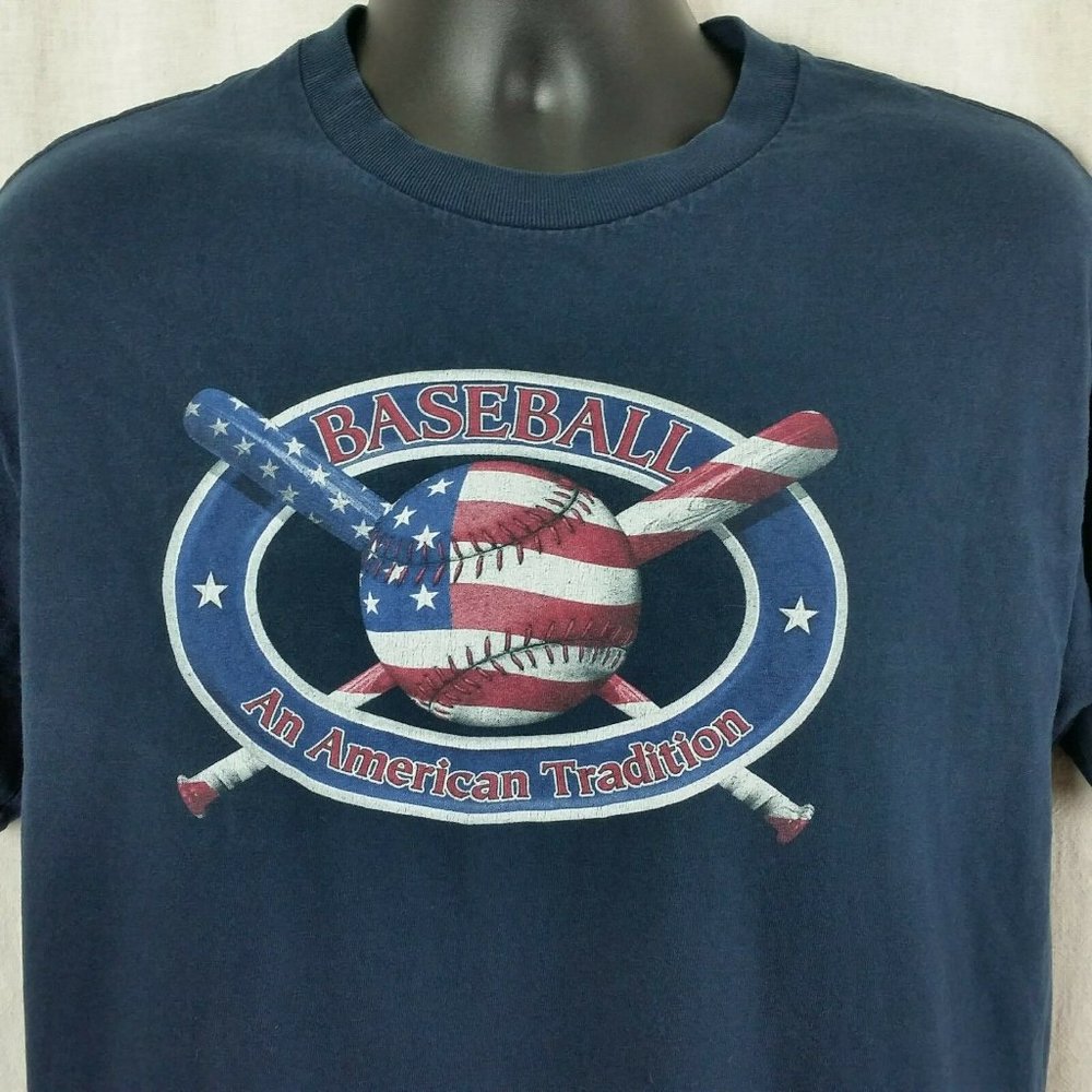 Baseball An American Tradition Mens Large Tee Shirt Blue Short Sleeve Graphic